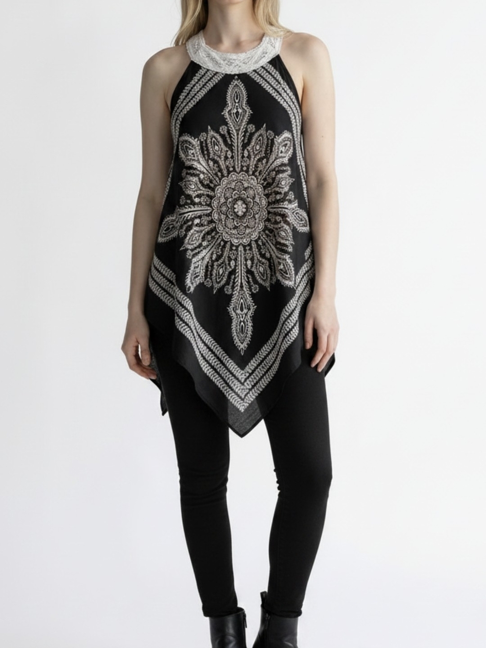 India Boutique Black Halter Tunic with White Print